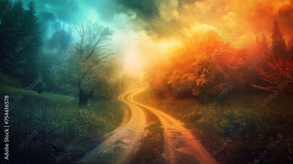 Enchanted forest path with colorful mist - Mystic scenery of a winding forest path with a dreamy fusion of warm and cool tones, symbolizing fantasy and magic