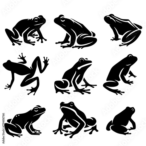 set of frogs, black and white frogs, silhouette of frogs, editable stroke, vector art ready for your brand.	