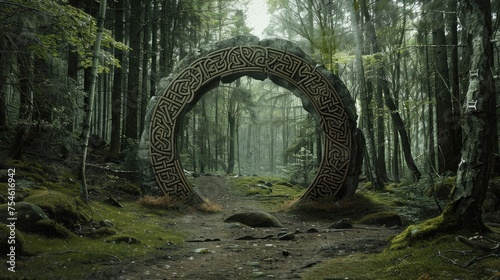 Stunning portal concept decorated with Viking runes. forest landscape © Suparak