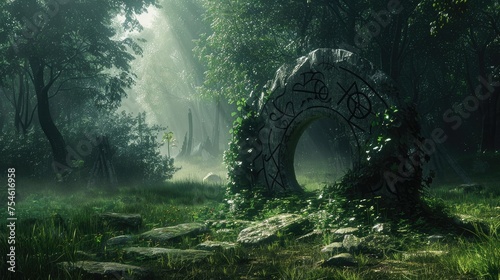 Stunning portal concept decorated with Viking runes. forest landscape © Suparak