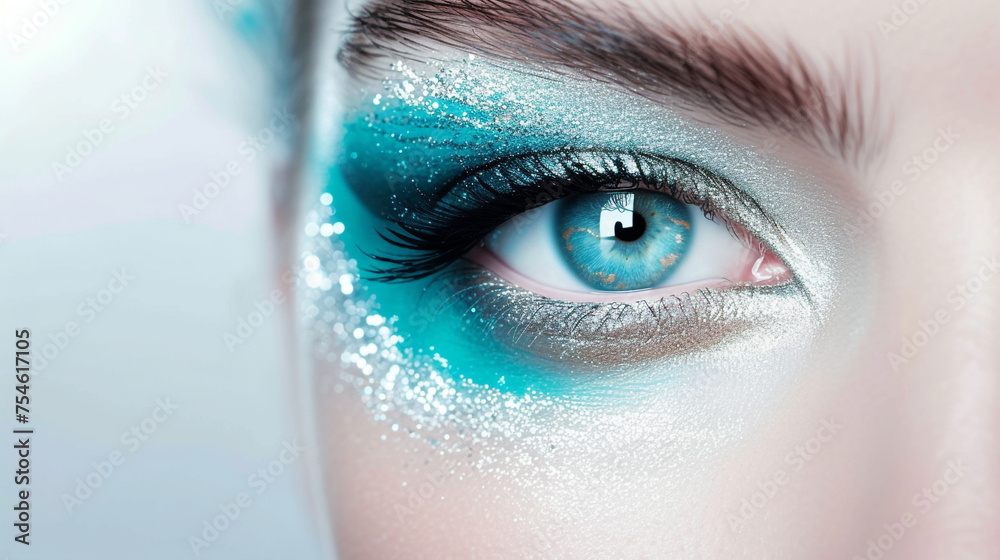 Dynamic turquoise and silver smoky eye makeup, enhancing a face against a white background