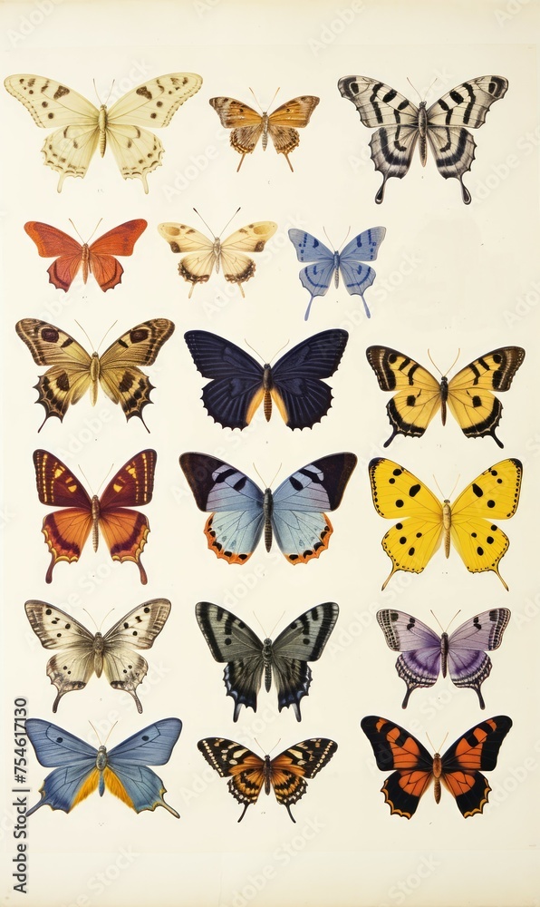 Fototapeta premium Collection of butterflies on white background, set of colourful butterflies.