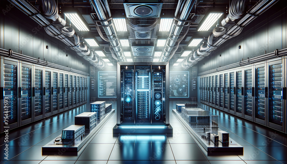 Fototapeta premium Cutting-edge virtualization technology showcased in sleek, industrial server room.