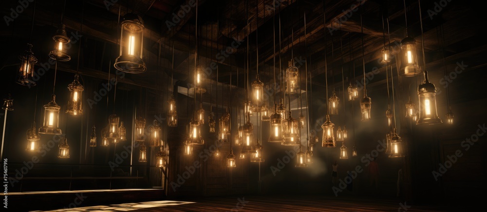 Dozens of hanging lights illuminate a room, casting a warm and bright glow across the space. The lights dangle from the ceiling, creating a mesmerizing pattern of light and shadows on the walls below.
