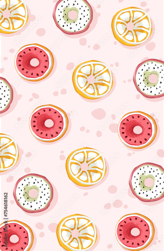 Donut wallpaper with a fruit motif on a soft colored background