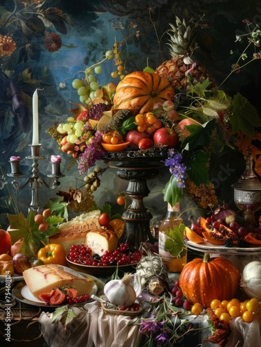 Luxurious fruit and cheese autumnal spread - An ornate display of fruits, cheeses, and breads arranged in a lavish autumnal themed composition