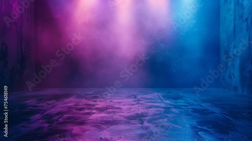 Neon light gradient with foggy atmosphere - An empty room is filled with dense fog and vibrant neon lights creating a gradient effect photo