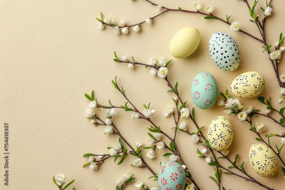 Easter eggs with sweets and flowers on beige background. Happy Easter concept. 