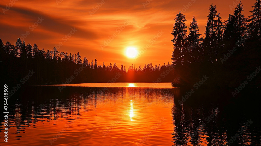  Sun setting behind a silhouetted forest, casting a warm orange hue on the tranquil lake with hd quality