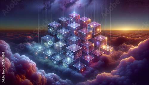 Interconnected Microservices: Surreal Network of Floating Cubes in Twilight Sky photo