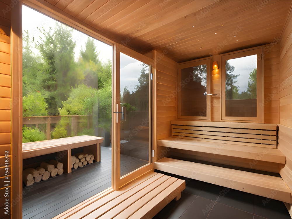 Obraz premium wooden cabin in a modern sauna with a large windows.