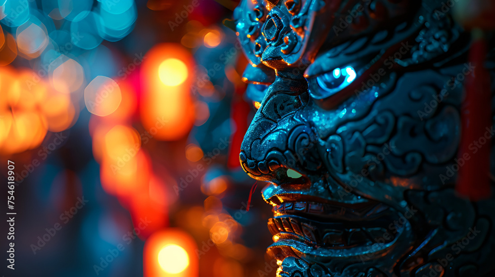 chinese dragon statue, venetian carnival mask