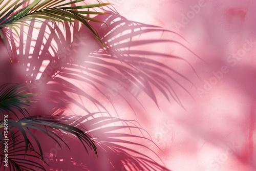 Tropical plant shadows on a pink wall