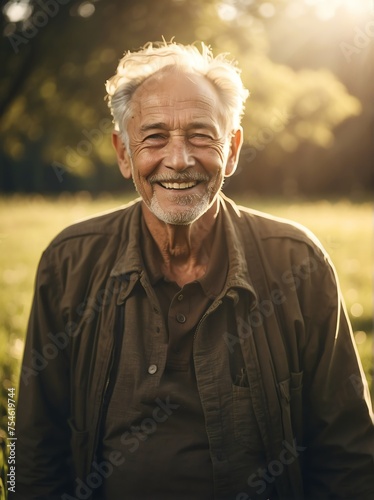 Portrait of a happy smiling elderly man on grass lands with sunlight rays, concept of faith joy happiness worship from Generative AI