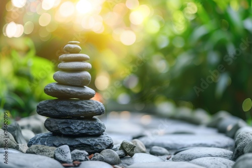 Stack of smooth grey stones with nature backdrop