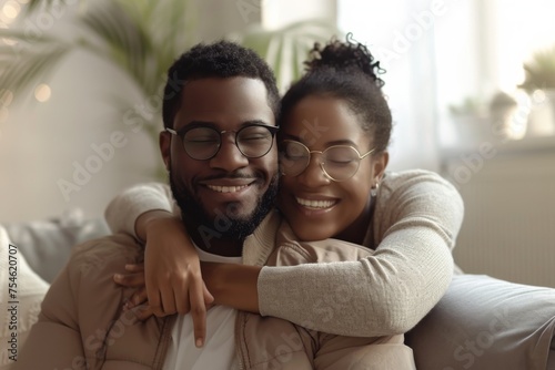 Happy African American couple smiling on sofa