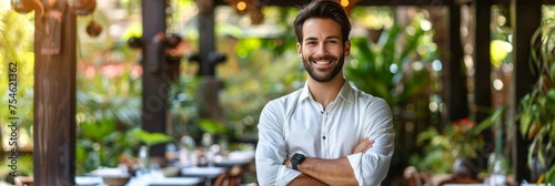 Confident businessman in casual attire, arms crossed, white office, copy space available photo