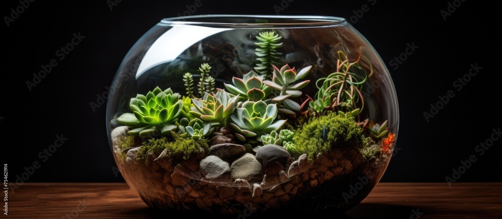 A glass vase filled with various plants, including succulents, sits atop a wooden table. The greenery adds a pop of nature to the indoor space. A glass vase filled with various plants, including succulents, sits atop a wooden table. The greenery adds a pop of nature to the indoor space.