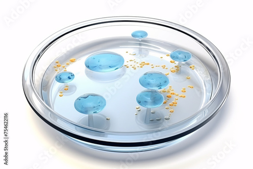 A glass dish with a blue liquid and a few yellow objects in it photo