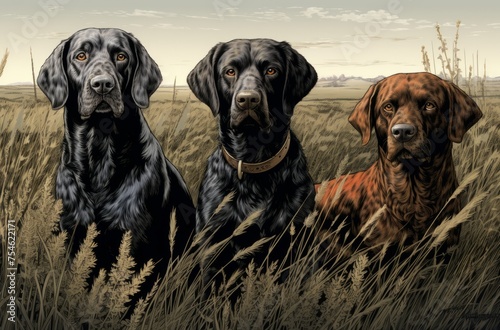 Three dogs in the tall grass, partialy cloudy hazy skies in background, 