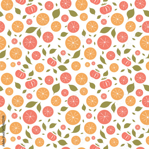 Fototapeta Naklejka Na Ścianę i Meble -  Seamless pattern with oranges and green leaves on a white background, Design for background, fabric, carpet, textiles, pillows, clothes, wrapping, labels, packaging, wallpaper, notepads, vector illust