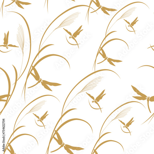Japanese pattern vector. Gold background texture of nature icons such as wave, dry leaf, dragonfly for cover page, template, poster, postcard.	
