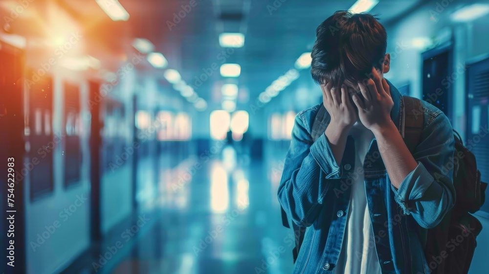 Teenage boy crying in school corridor, learning difficulties concept on blurred background. - obrazy, fototapety, plakaty 