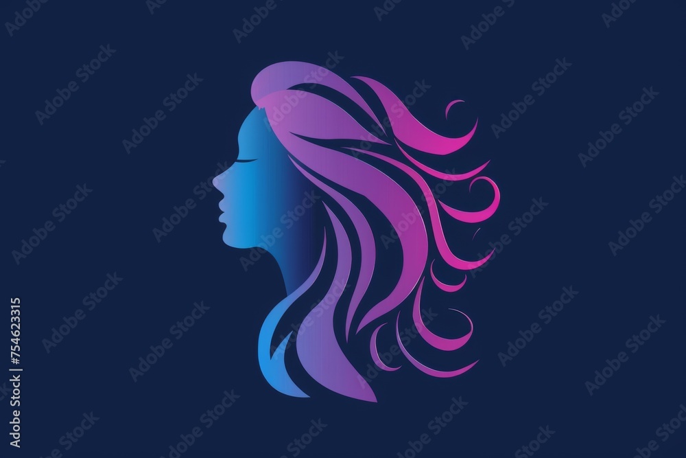 Contour drawing of female face with colorful hair on dark background Contour drawing of female face with colorful hair on dark background