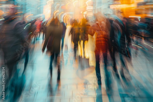 Motion blur of people walking in the morning rush hour, busy modern life concept