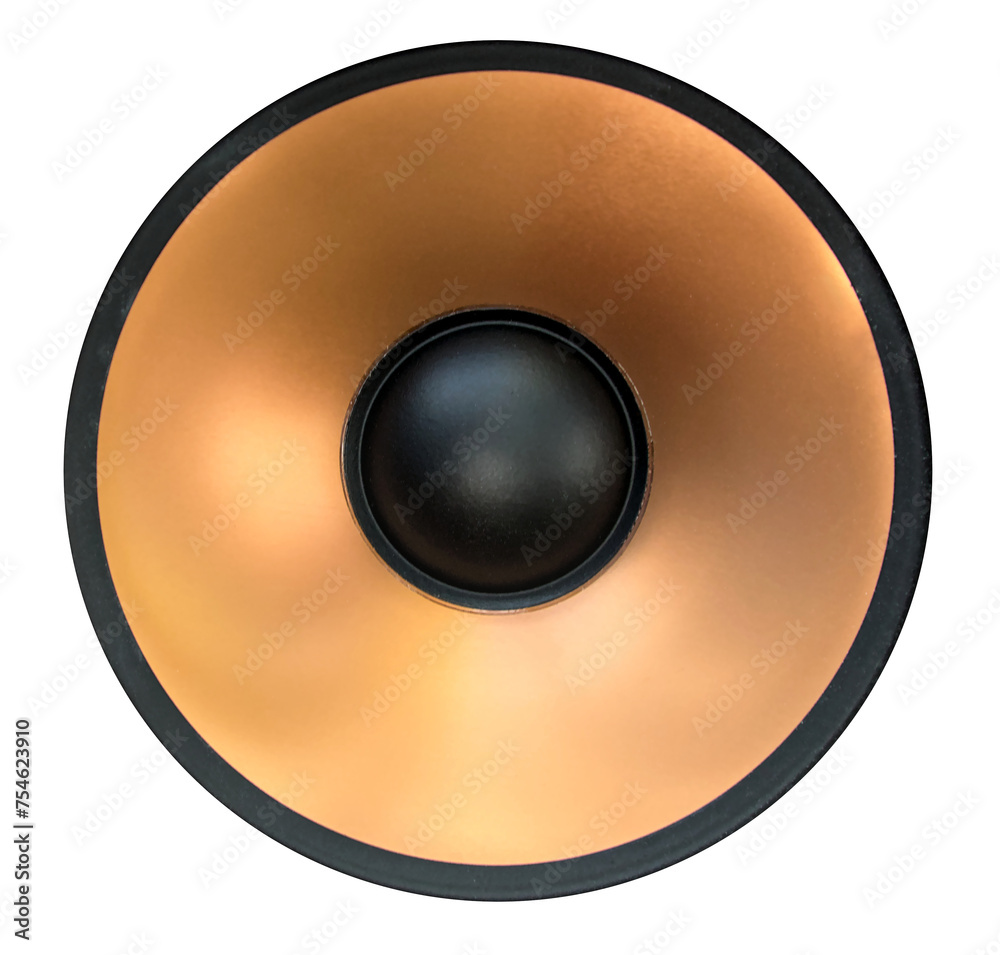loudspeaker woofer isolated on white background (cut out gold colored subwoofer cone with black circle cap center) speaker detail close up photo loudspeaker woofer isolated on white background (cut out gold colored subwoofer cone with black circle cap center) speaker detail close up photo
