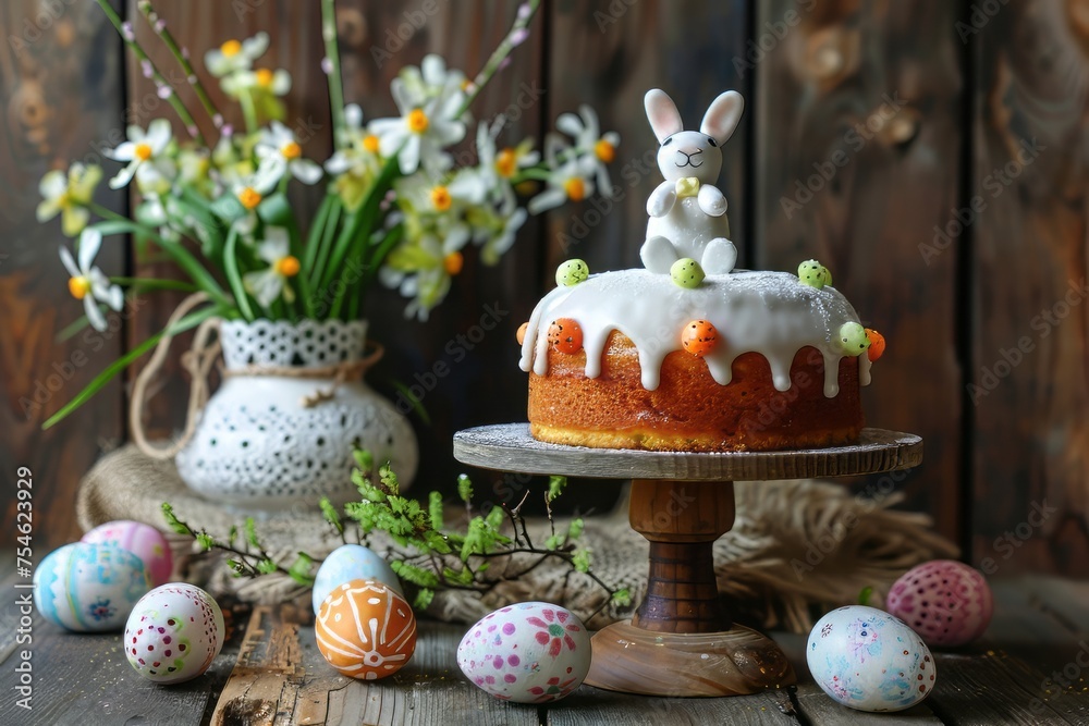 Stand with Easter cake, painted eggs and bunny on wooden background Stand with Easter cake, painted eggs and bunny on wooden background