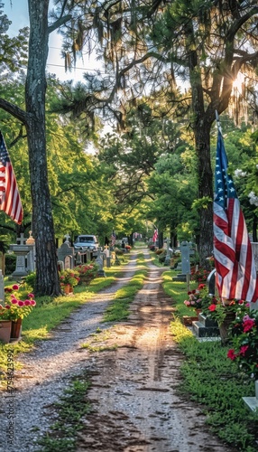 Honoring veterans with american flags on graves on memorial day at a national cemetery