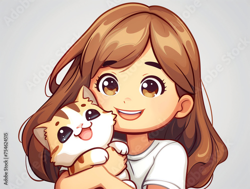 Illustration with a cute baby girl and a kitten in kawaii style. concept of love between people and animals