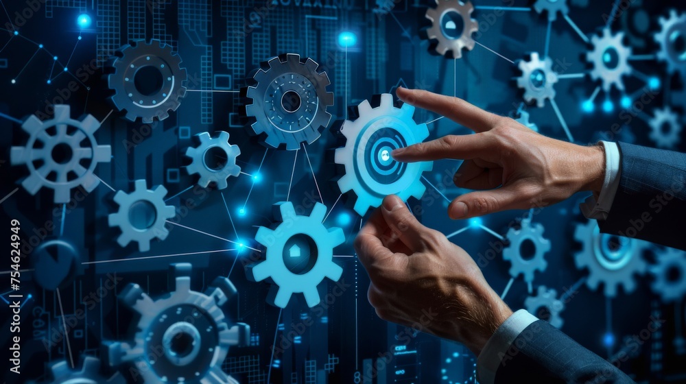 Business data analytics management with connected gear cogs with KPI financial charts and graphs. Businessman hand pressing an imaginary button on virtual screen
