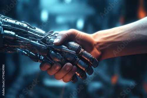 Handshake between Man and Robot, Concept of Human and Technology Interaction in Future © Lazartivan