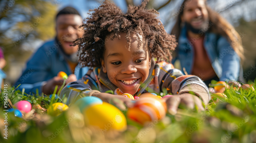 family with Kids on Easter egg hunt in blooming spring garden. Children searching for colorful eggs in flower meadow, family together at Easter holiday family with Kids on Easter egg hunt in blooming spring garden. Children searching for colorful eggs in flower meadow, family together at Easter holiday