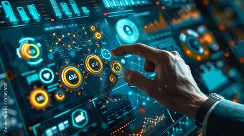 Business data analytics management with connected gear cogs with KPI financial charts and graphs. Businessman hand pressing an imaginary button on virtual screen