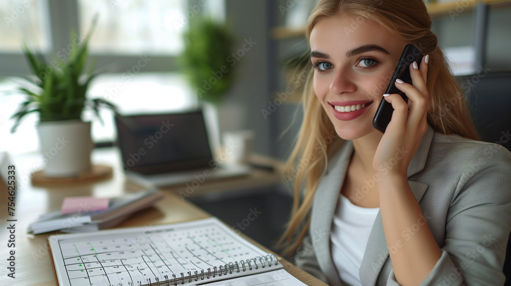 Happy businesswoman talking on mobile phone while analyzing weekly schedule in her notebook Happy businesswoman talking on mobile phone while analyzing weekly schedule in her notebook