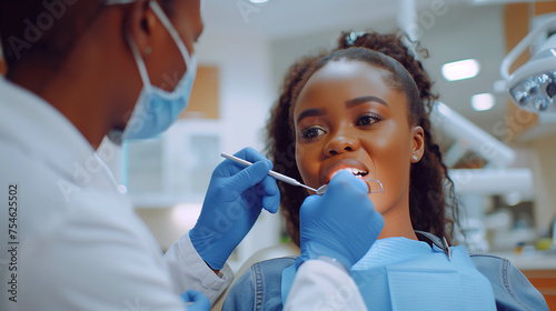 African American black female doctor in mask and gloves doing the dental procedure with mirror and metal explorer for the patient lying under a lamp in the medical room Modern medical equipment