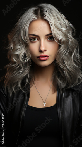 Fashionable Young Woman with Silver Wavy Hair and Black Leather Jacket