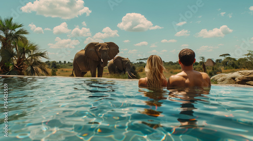 A couple of man and woman in a swimming pool with the background of Elephants in the savanna in Africa, a safari camp, and a luxury lodge pool in the bush in South Africa	 photo