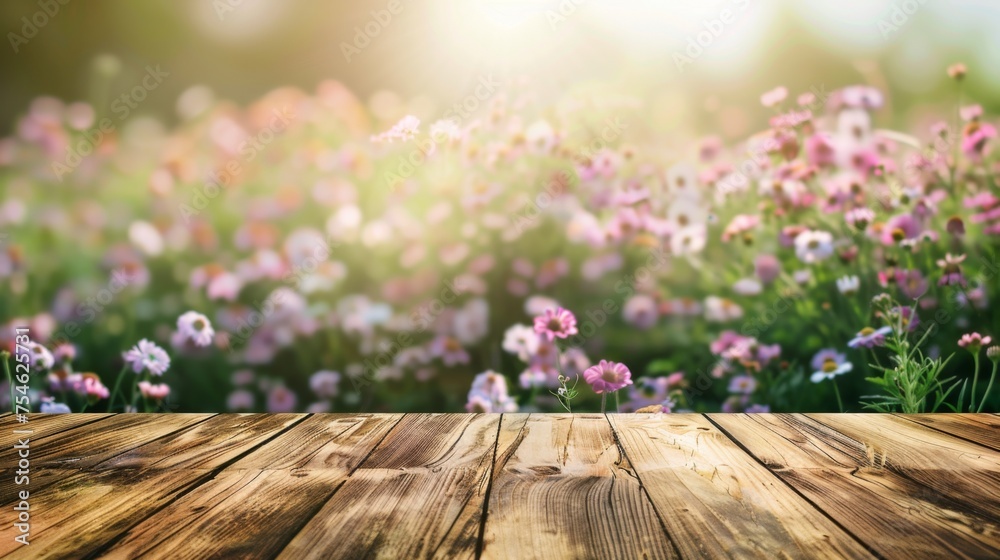 Wooden table top with copy space. Flower field background Wooden table top with copy space. Flower field background