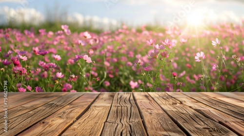 Wooden table top with copy space. Flower field background