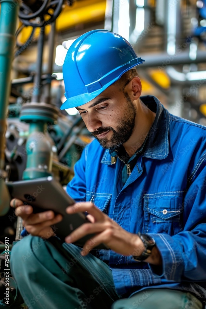 Middle eastern engineer with digital tablet at oil refinery under sunlight, earth tone color palette Middle eastern engineer with digital tablet at oil refinery under sunlight, earth tone color palette