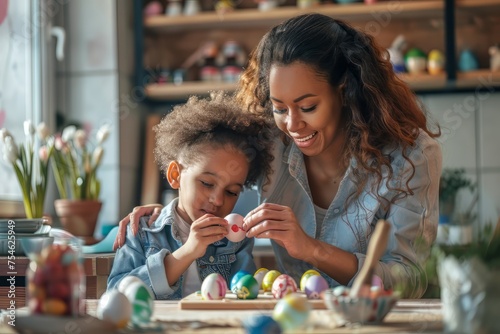 Loving ethnic young mother teaching happy little kid soon to dye and decorate eggs.Easter traditions