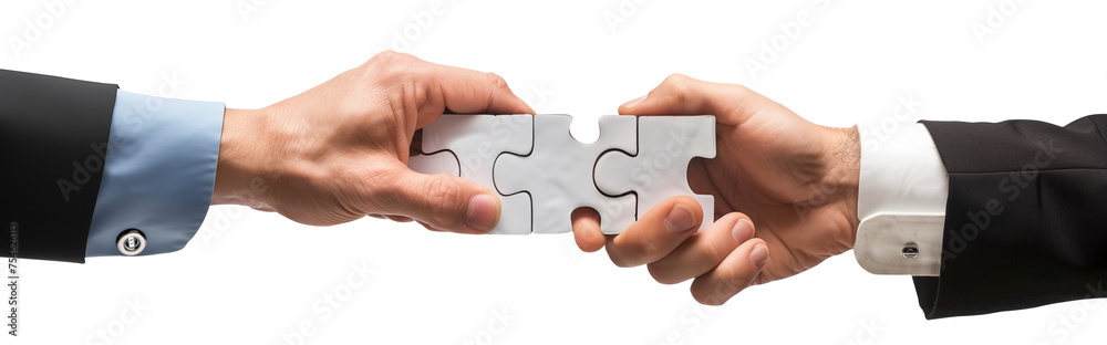 Two businessmen hands are holding a white jingsaw, puzzle piece together, isolated on transparent background. Concept of teamwork, collaboration, collaborative business partnership in action. Two businessmen hands are holding a white jingsaw, puzzle piece together, isolated on transparent background. Concept of teamwork, collaboration, collaborative business partnership in action.