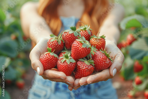 A woman enjoying her home garden holds freshly picked homemade strawberries in her hands. Gardening and vegetable cultivation concept.