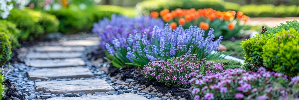 Obraz premium Vibrant spring garden path with flowers, greenery, stream, and butterflies for serene backdrop