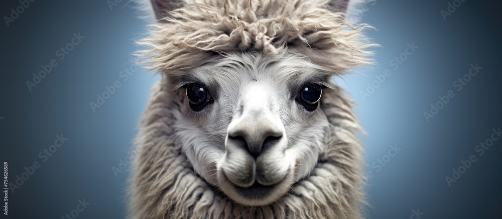 Fototapeta premium A medium silver gray Alpaca, known as Lama pacos, is seen in close-up, facing the camera against a striking blue background. The llamas facial features are highlighted, showcasing its expressive eyes