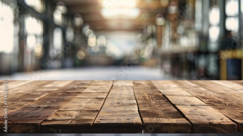 Wooden table top with copy space. Industrial area background photo